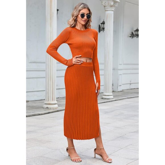 Women Winter Knit Sweater Crop Top & Pleated Bodycon Skirt Set - Picture 5 of 7